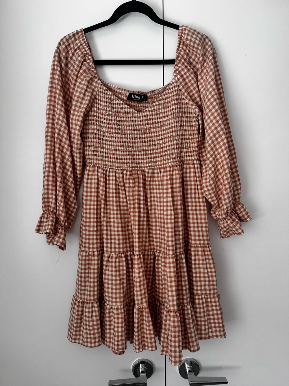 Rust Gingham Smocked Tiered Mini Dress